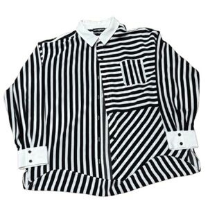 👔🏢 KARL LAGERFELD PARIS Black White Stripe Shirt | Contrast Collar Preppy Top, L